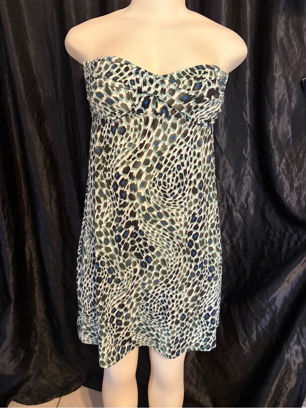 Jantzen Strapless Printed Mini Dress in Teal, Black, and White